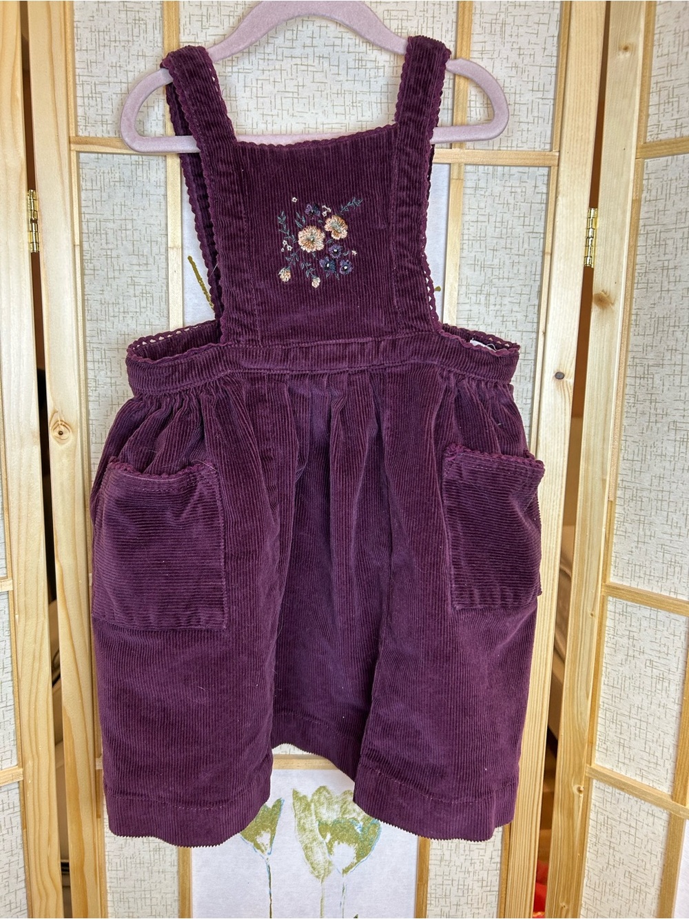 Jamie Kay Plum Corduroy Overalls Dress with Floral Embroidery